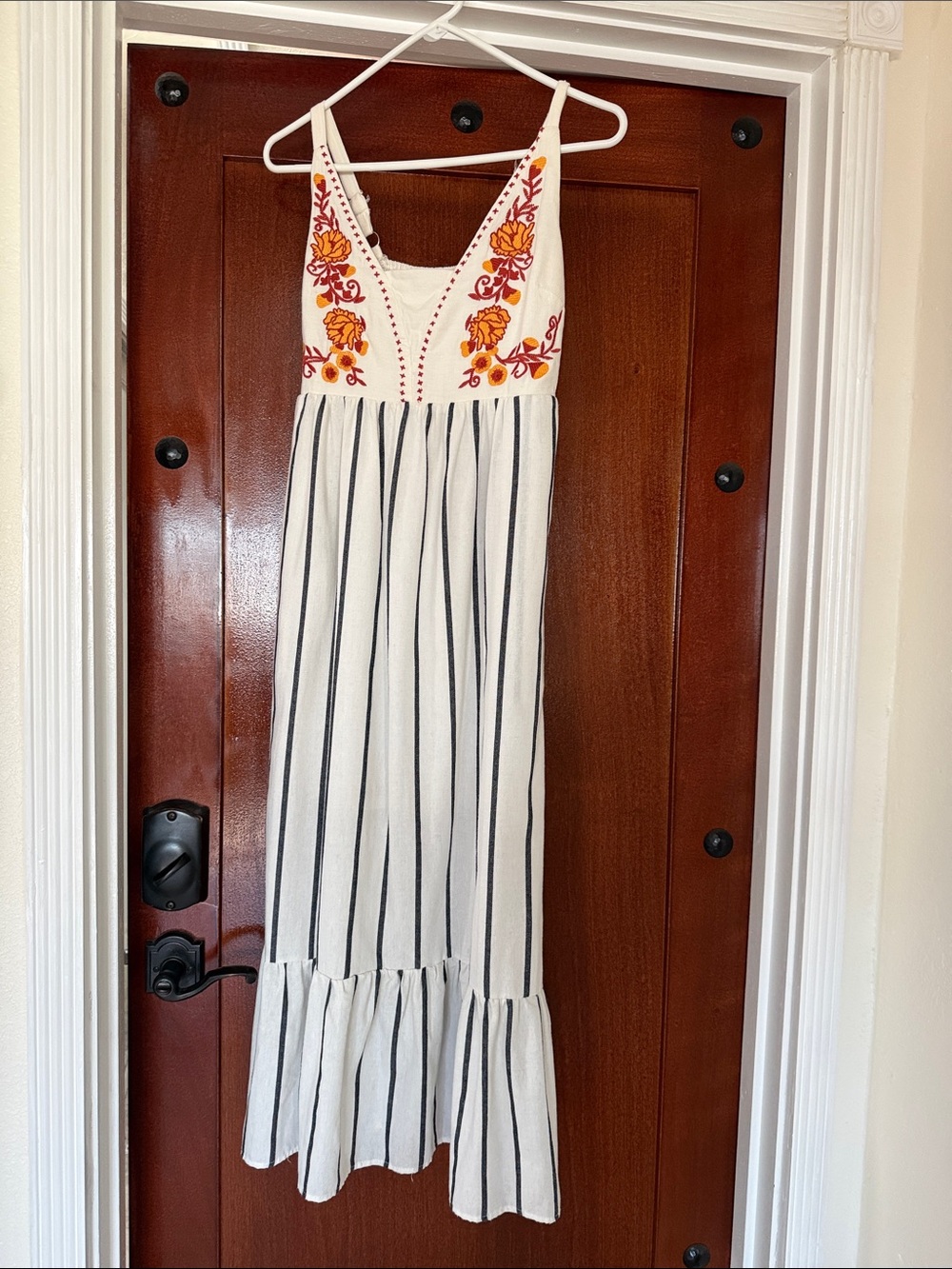MELLODAY White Maxi Dress with Black Stripes and Orange Floral Embroidery